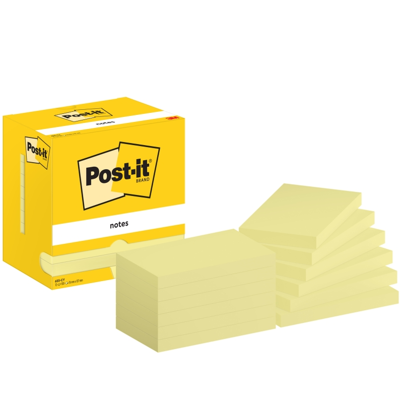 Post-It Pack de 12 blocs de 100 notes autocollantes repositionnables - Forme rectangulaire - 76 x 127 mm - Jaune clair