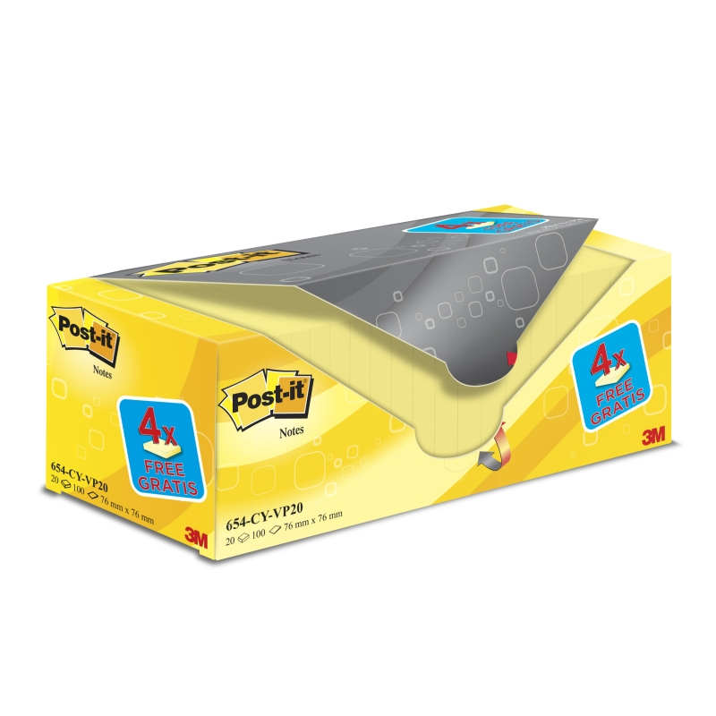 Lot de 20 blocs de 100 notes autocollantes repositionnables Post-It - Forme carrée - 76 x 76 mm - Jaune clair