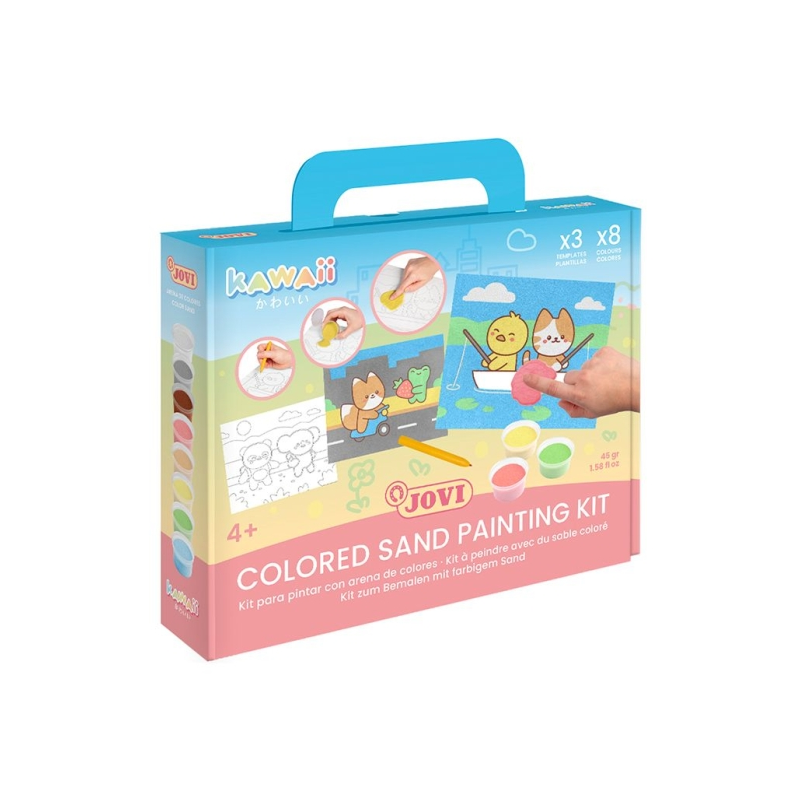 Kit de peinture sur sable Jovi Kawaii avec 8 pots de sable + 1 perforatrice + 3 feuilles de motifs Kawaii - Couleurs assorties