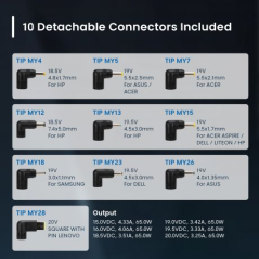 Chargeur universel pour ordinateur portable Ewent 65 W - 10 prises interchangeables - Automatique - Gestion intelligente de