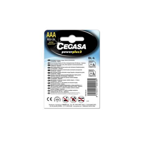 Cegasa Power Plus Lot de 2 piles R06 AAA (4 pièces) - Piles salines pour appareils basse consommation