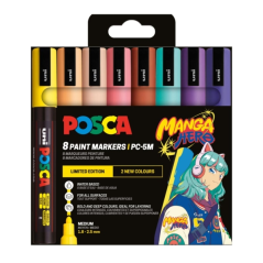 Lot de 8 marqueurs peinture Posca Manga Hero Édition limitée PC-5M - Pointe ogive 1,8-2,5 mm - Encre à base d'eau - Résistante