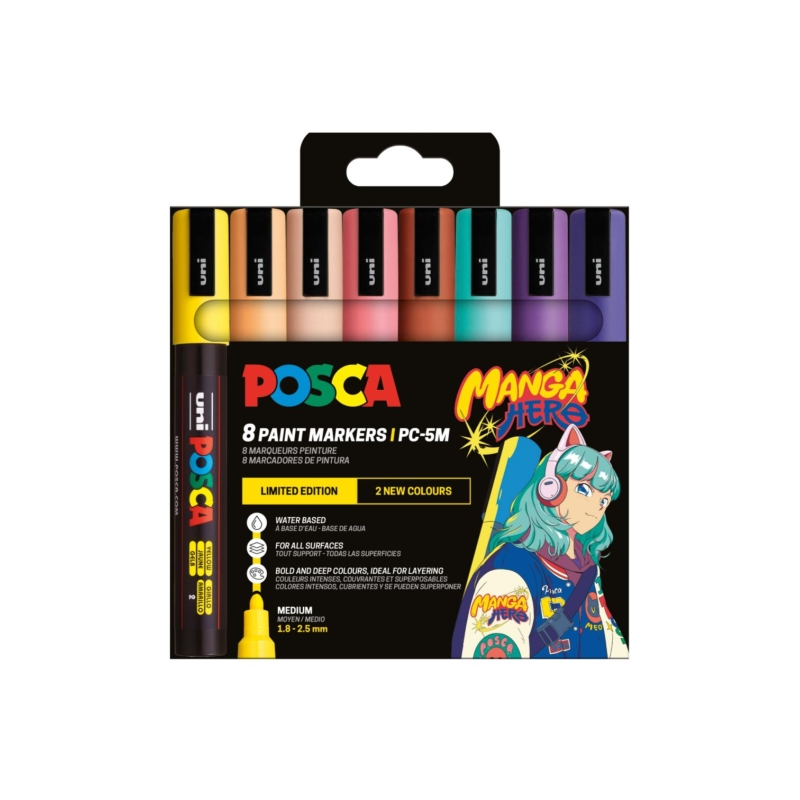 Lot de 8 marqueurs peinture Posca Manga Hero Édition limitée PC-5M - Pointe ogive 1,8-2,5 mm - Encre à base d'eau - Résistante