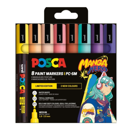 Lot de 8 marqueurs peinture Posca Manga Hero Édition limitée PC-5M - Pointe ogive 1,8-2,5 mm - Encre à base d'eau - Résistante