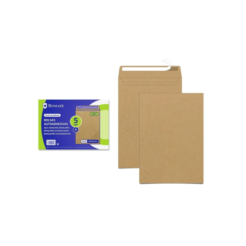 Bismark Pack de 5 Enveloppes en Papier Kraft 90gr - Dimensions 229x324mm - Fermeture Autocollante - Couleur Marron