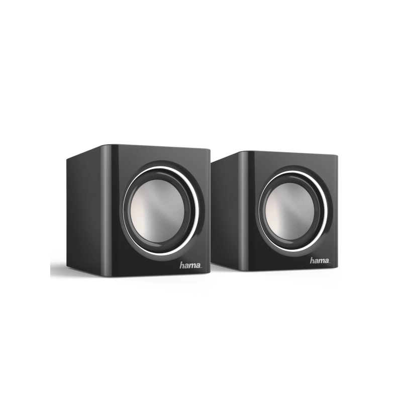 Haut-parleurs de bureau Hama - Câble de 7 cm - Fréquence jusqu'à 20 GHz - Prise jack 3,5 mm - 7 x 7 x 7 cm - Noir et argent