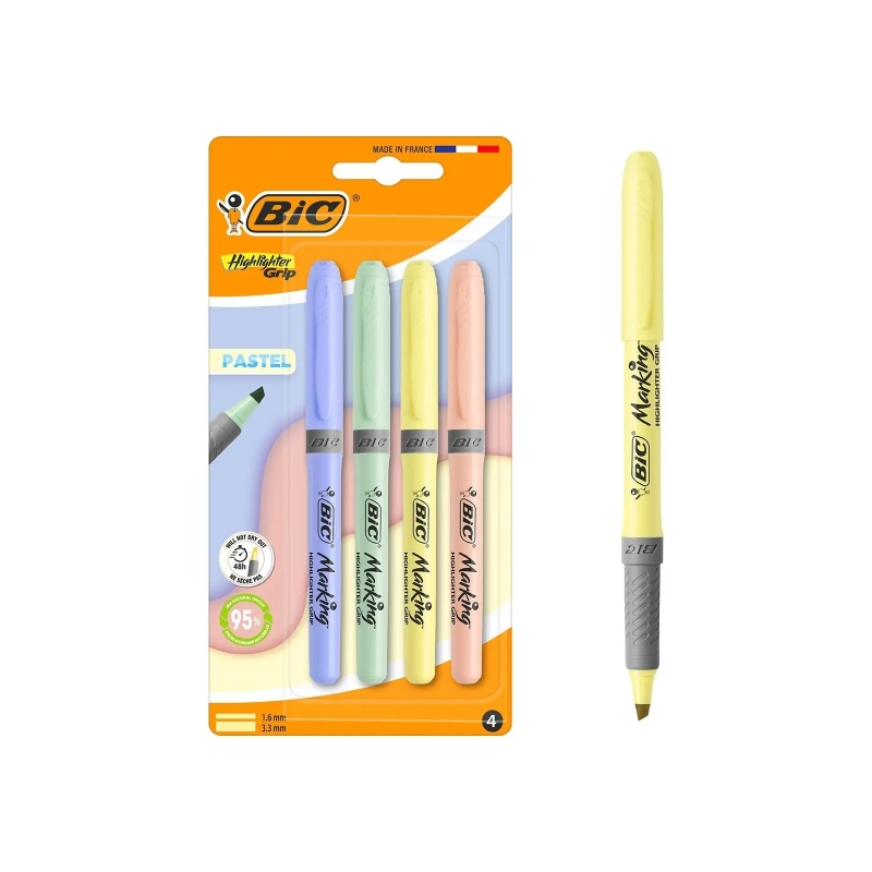 Lot de 4 surligneurs fluorescents pastel Bic - Pointe biseautée - Largeur de trait de 1,60 à 3,30 mm - Zone de préhension