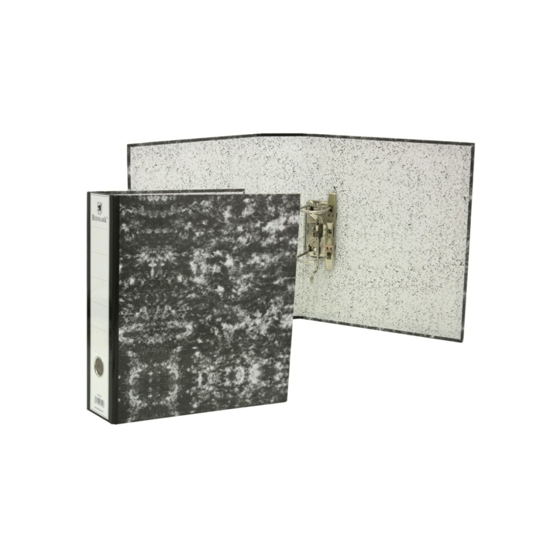 Chemise Bismark A4 marbrée AZ, dos 75 mm - Carton doublé - Porte-cartes sur le dos - Mécanisme à levier - Noir marbré