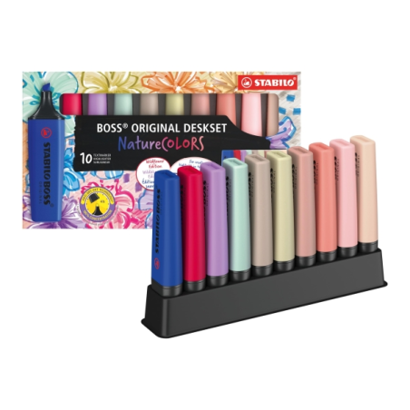 Lot de 10 marqueurs Stabilo Boss Naturecolors - Tailles de trait 2-5 mm - Encre à base d'eau - Couleurs assorties