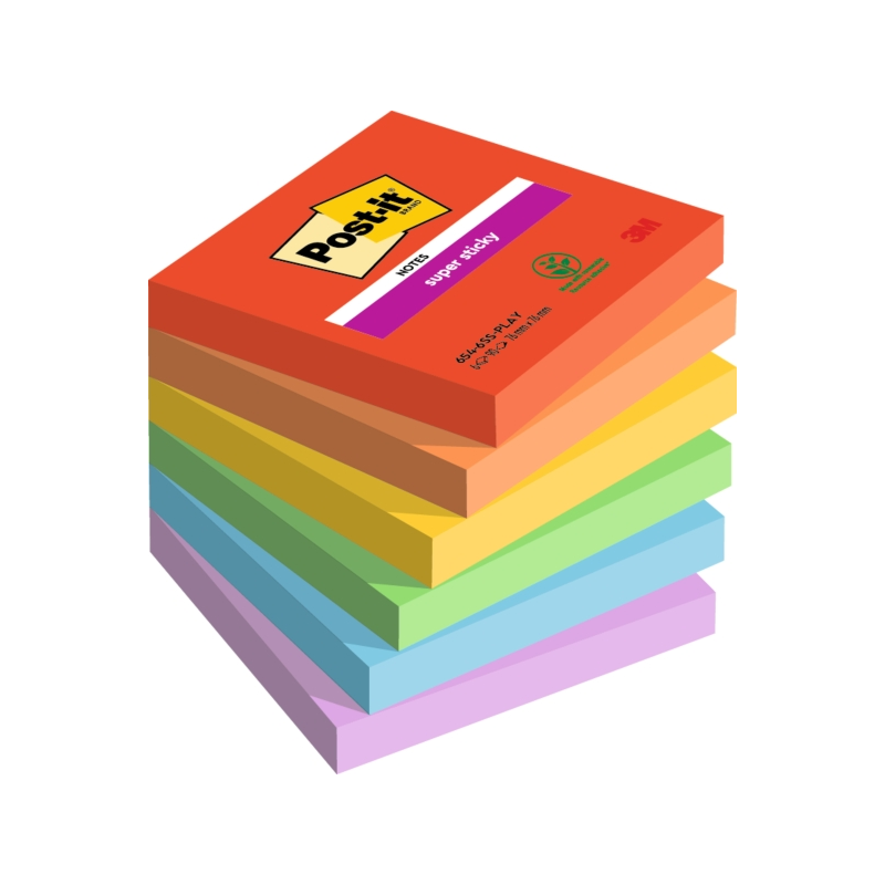 Post-It Super Sticky Pack de 6 blocs de 90 notes autocollantes repositionnables - Forme carrée - 76 x 76 mm - Couleurs assorties