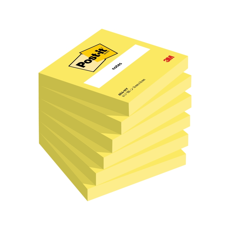 Lot de 6 blocs de 100 notes autocollantes repositionnables Post-It - Forme carrée - 76 x 76 mm - Jaune clair