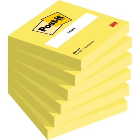 Lot de 6 blocs de 100 notes autocollantes repositionnables Post-It - Forme carrée - 76 x 76 mm - Jaune clair