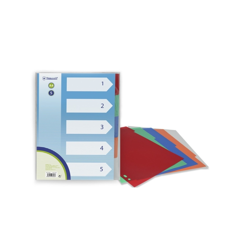LOT de 12 Lot de 5 intercalaires Bismark en polypropylène - Format A4 - Perforation multiple - Couleurs assorties
