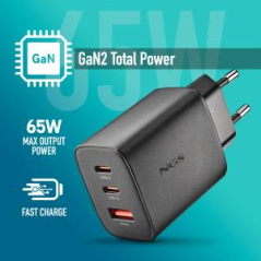 Chargeur mural ultra-rapide GaN NGS ERA 65 W - 2 ports USB-C et 1 port USB-A - Noir