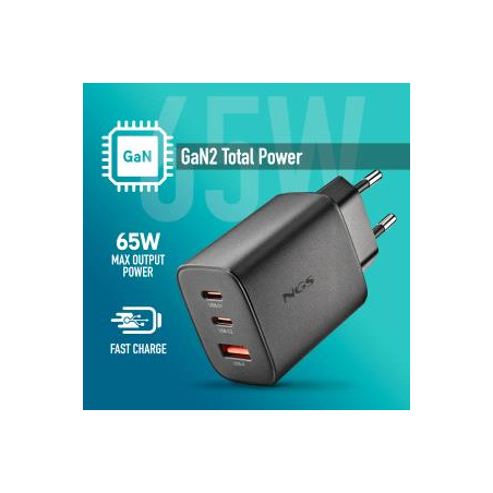 Chargeur mural ultra-rapide GaN NGS ERA 65 W - 2 ports USB-C et 1 port USB-A - Noir