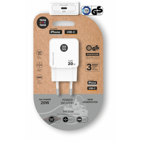 Chargeur mural USB-C ultra-rapide TechOneTech GaN 20 W blanc performan