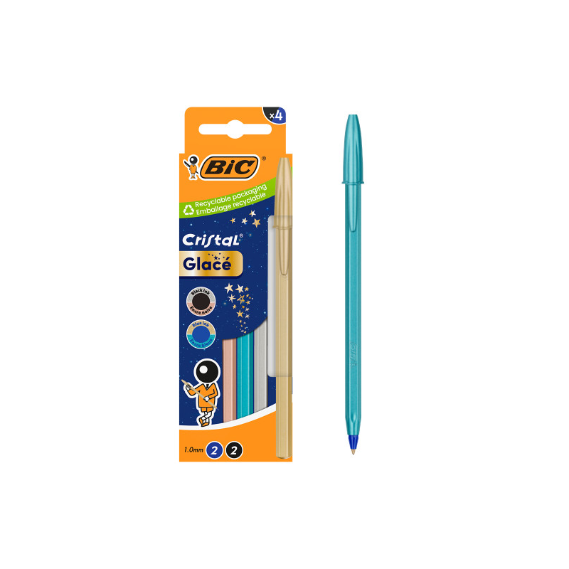 Stylos bille Bic Cristal Glace 1 mm lot de 4 couleurs métallisées