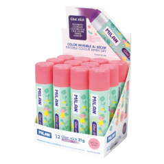 Présentoir de 12 bâtons de colle Milan Fairy Tale (21 g) - Multi-usages - Multi-surfaces - Sans solvant - Usage scolaire - Rose