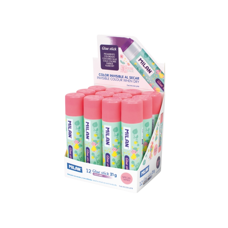 Présentoir de 12 bâtons de colle Milan Fairy Tale (21 g) - Multi-usages - Multi-surfaces - Sans solvant - Usage scolaire - Rose