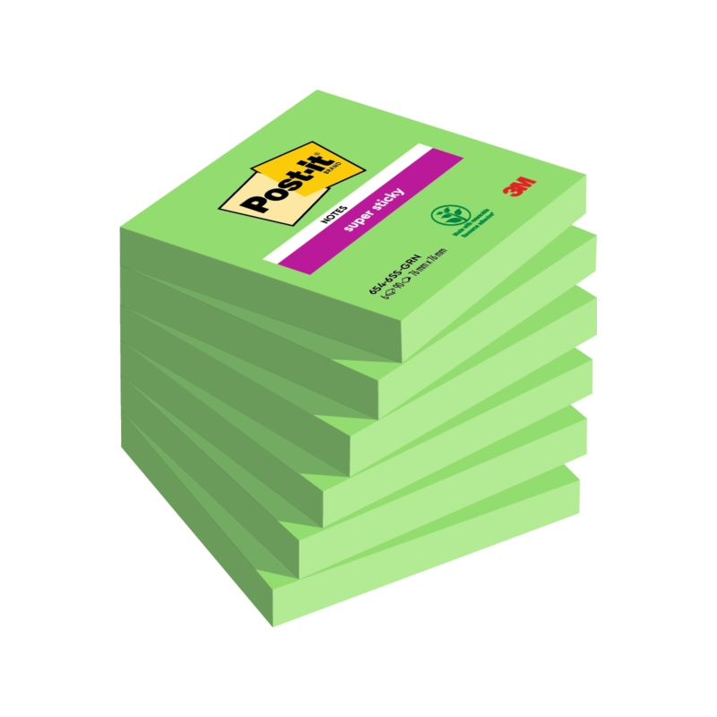 Post-It Super Sticky Pack de 6 blocs de 90 notes autocollantes repositionnables - 76 x 76 mm - 100 % PEFC - Vert