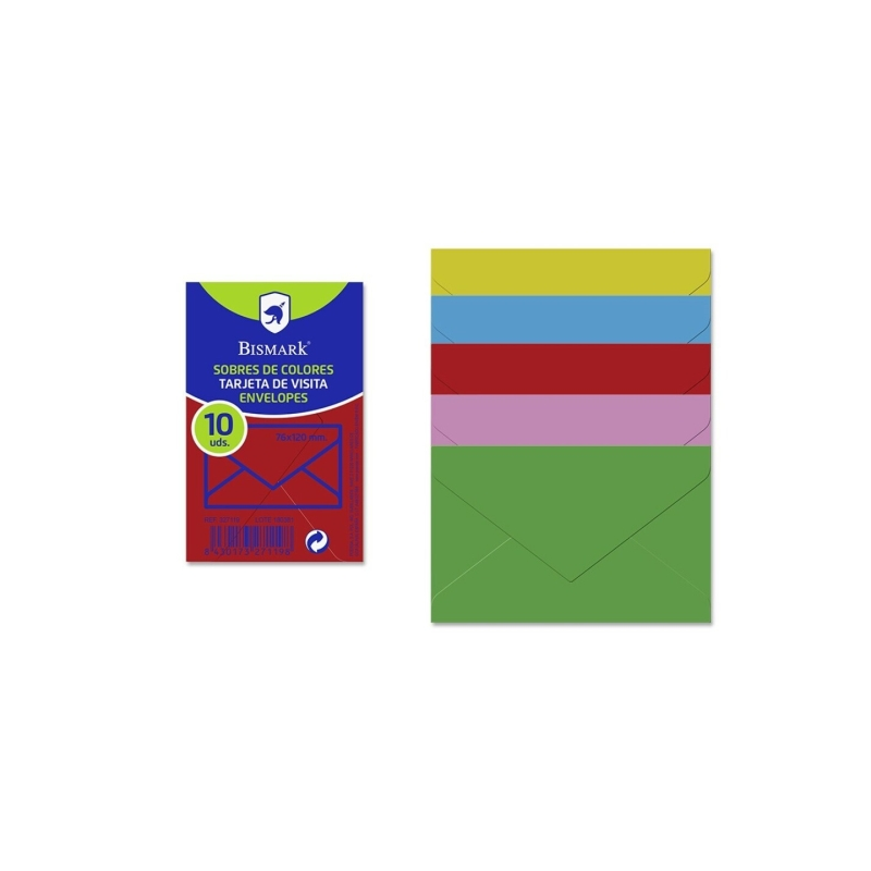 Lot de 10 enveloppes en papier Bismark - Dimensions : 76 x 120 mm - Couleurs assorties