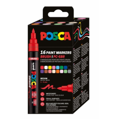 Boîte de 16 marqueurs peinture Posca PC-5BR - Pointe pinceau 1-4 mm - Encre à l'eau - Résistant à la lumière - Non permanent