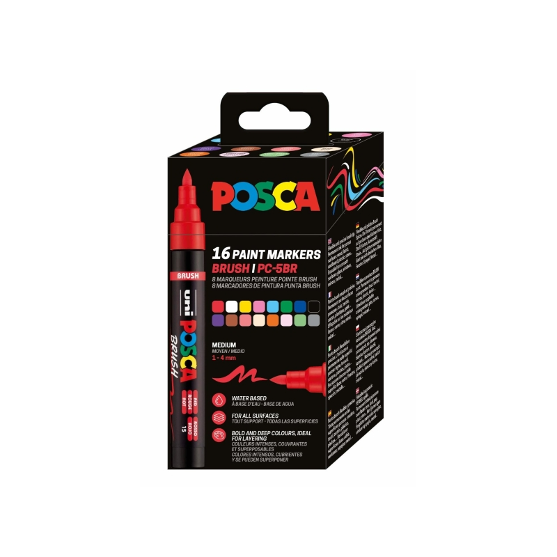 Boîte de 16 marqueurs peinture Posca PC-5BR - Pointe pinceau 1-4 mm - Encre à l'eau - Résistant à la lumière - Non permanent