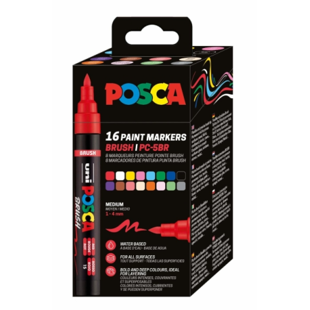Boîte de 16 marqueurs peinture Posca PC-5BR - Pointe pinceau 1-4 mm - Encre à l'eau - Résistant à la lumière - Non permanent