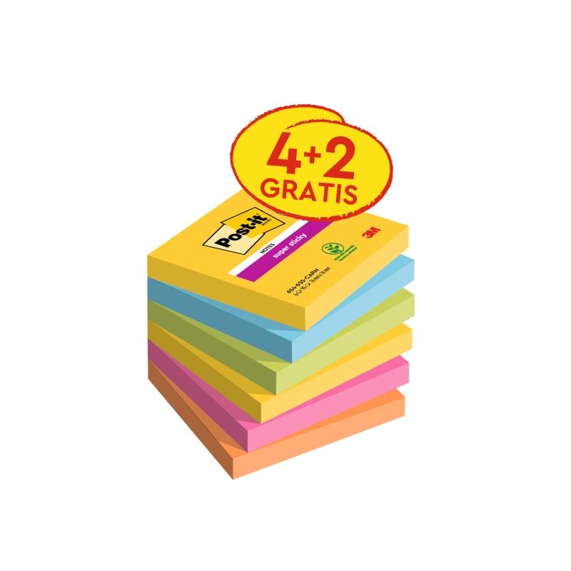 Post-It Super Sticky Pack de 6 blocs de 90 notes autocollantes repositionnables - Forme carrée - 76 x 76 mm - Couleurs assorties