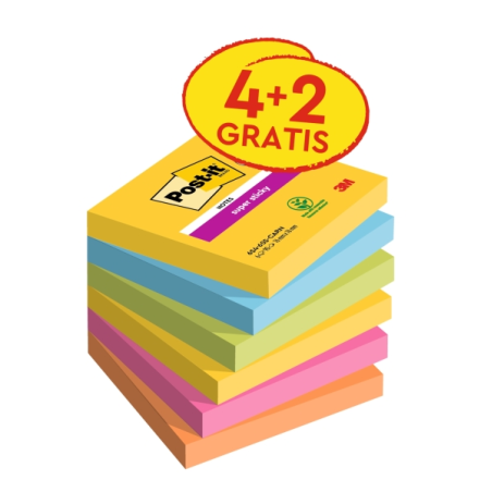 Post-It Super Sticky Pack de 6 blocs de 90 notes autocollantes repositionnables - Forme carrée - 76 x 76 mm - Couleurs assorties