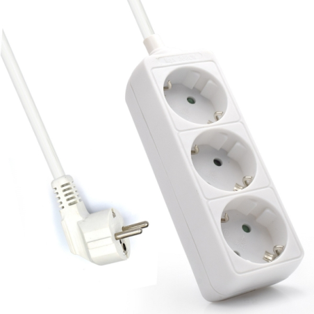 Multiprise Schuko 3 prises Ewent 16 A - Protection enfant - Câble de 1,5 m - Fiche Schuko coudée plate - Blanc