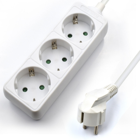 Multiprise Schuko 3 prises Ewent 16 A - Protection enfant - Câble de 1,5 m - Fiche Schuko coudée plate - Blanc