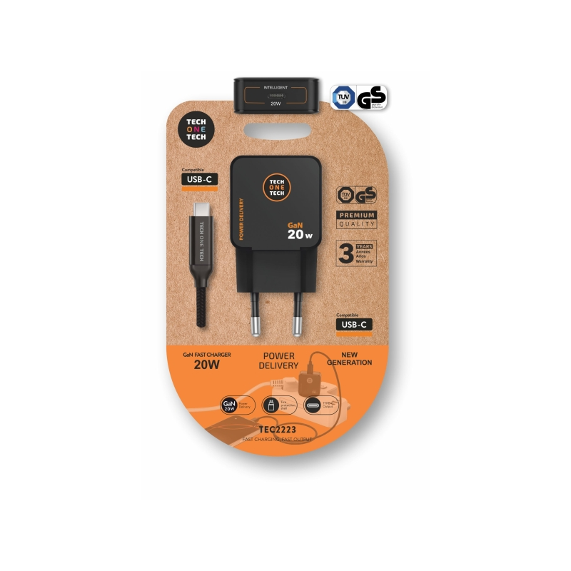Chargeur mural ultra-rapide TechOneTech GaN 20W noir + câble USB-C