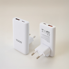 Adaptateur de voyage Tooq - Compatible avec l'UE, le Royaume-Uni et la Corée du Sud - Technologie GaN 65 W - Ports USB-C PD et