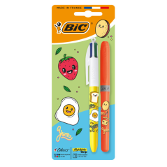 Pack Bic 4 Couleurs Décors Kawaii avec 1 stylo à bille rétractable + 1 surligneur fluorescent Grip (couleur aléatoire) - Pointe