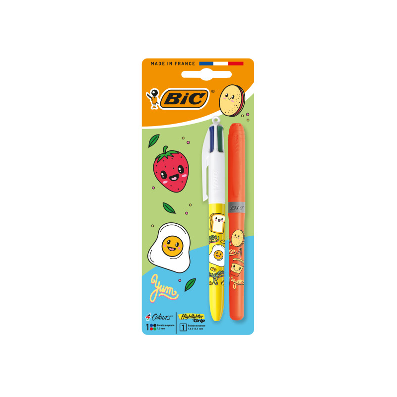 Pack Bic 4 Couleurs Décors Kawaii avec 1 stylo à bille rétractable + 1 surligneur fluorescent Grip (couleur aléatoire) - Pointe