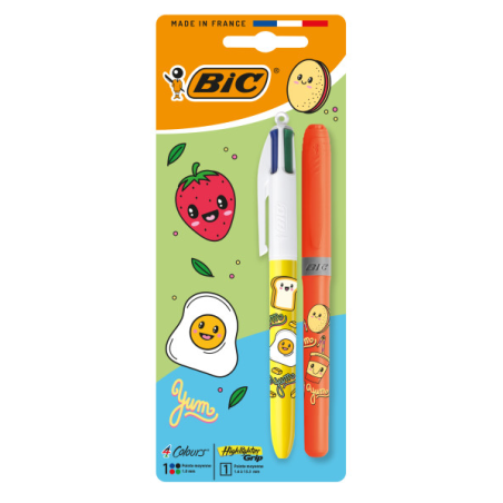 Pack Bic 4 Couleurs Décors Kawaii avec 1 stylo à bille rétractable + 1 surligneur fluorescent Grip (couleur aléatoire) - Pointe