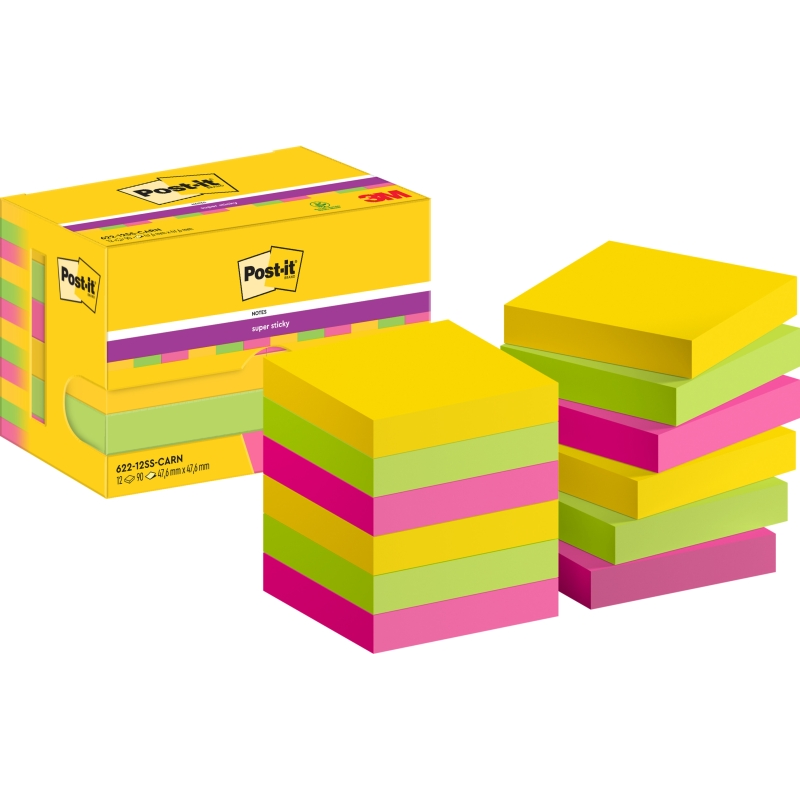 Post-It Super Sticky Pack de 12 blocs de 90 notes autocollantes repositionnables - Forme carrée - 47,6 x 47,6 mm - Couleurs