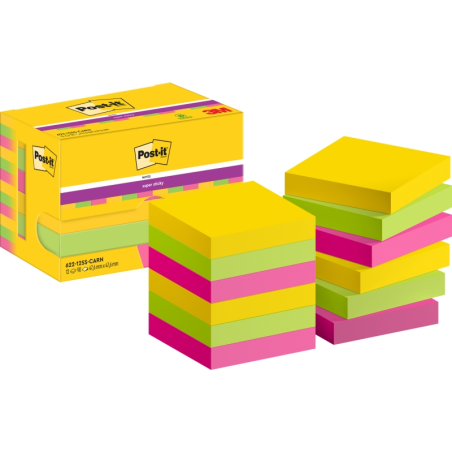 Post-It Super Sticky Pack de 12 blocs de 90 notes autocollantes repositionnables - Forme carrée - 47,6 x 47,6 mm - Couleurs