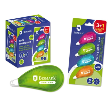 LOT de 12 Lot de 4 mini-rubans correcteurs Bismark Neon 5 mm x 6 m - Adhérence parfaite au papier - Blister - Corps de couleurs