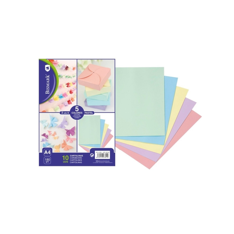 Lot de 10 feuilles de papier cartonné Bismark 180 g/m² - Format A4 - Couleurs pastel assorties