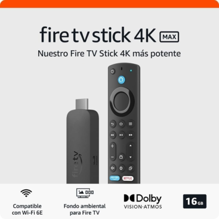 Amazon Fire TV Stick 4K MAX Wi-Fi 6E Bluetooth 5.2 - 4K - Wi-Fi 6E - Dolby Vision-Atmos et HDR10+ - Capacité 16 Go - Connecteur