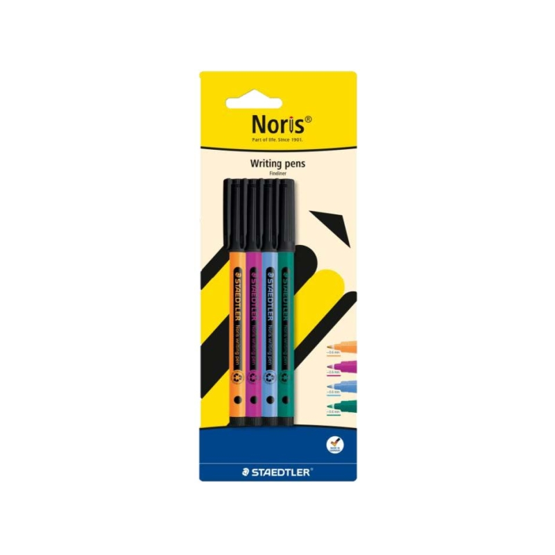 Lot de 4 stylos Staedtler 307 Noris à pointe fine (environ 0,6 mm de largeur de trait), encre à base d'eau, corps composé à 97