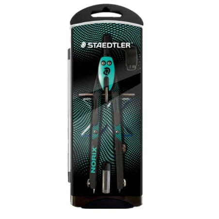 Compas de précision scolaire Staedtler Norix 555 en métal - Mécanisme à bouton-poussoir et molette de réglage centrale