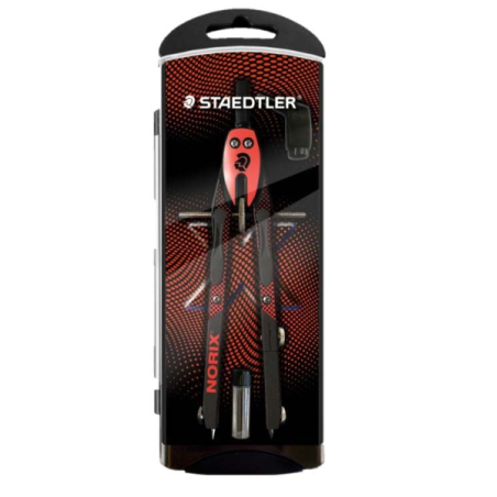 Compas de précision scolaire Staedtler Norix 555 en métal - Mécanisme à bouton-poussoir et réglage par molette centrale