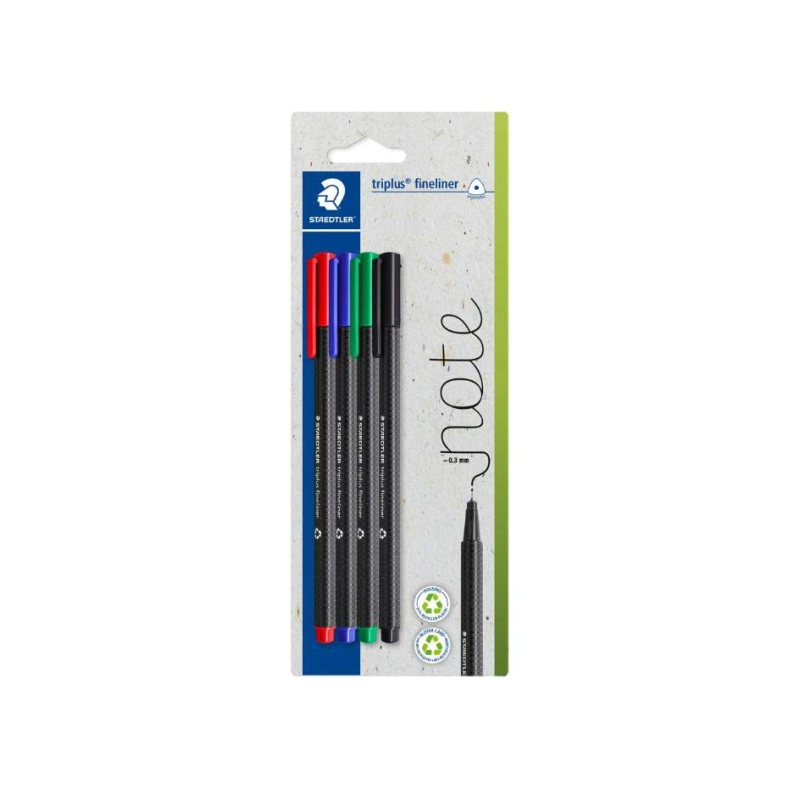 Lot de 4 stylos-feutres Staedtler Triplus Fineliner 334 à pointe fine - Largeur de trait : env. 0,3 mm - Encre à base d'eau
