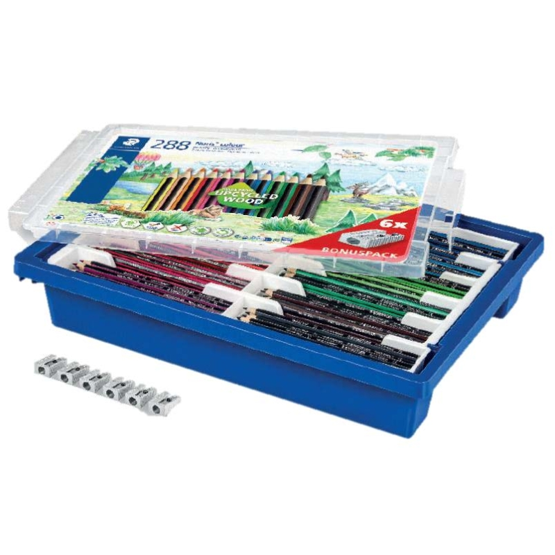 Boîte en plastique rigide Staedtler Noris Colour 185 contenant 288 crayons de couleur hexagonaux + 6 taille-crayons offerts