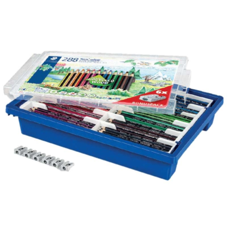 Boîte en plastique rigide Staedtler Noris Colour 185 contenant 288 crayons de couleur hexagonaux + 6 taille-crayons offerts