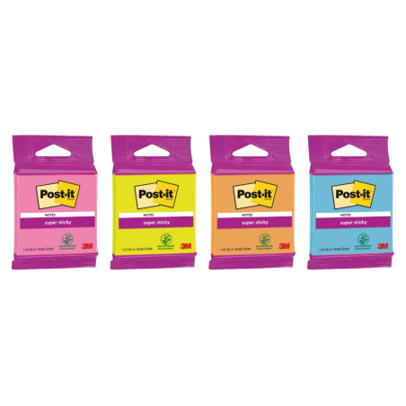 Bloc de 45 notes adhésives repositionnables Post-It Super Sticky - Forme carrée - 76 x 76 mm - Couleurs assorties
