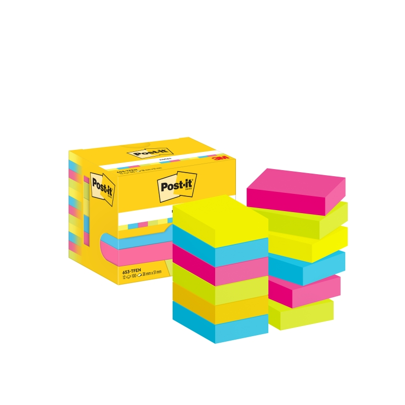 Pack de 12 blocs de 100 notes autocollantes repositionnables Post-It - Forme rectangulaire - 38 x 51 mm - Couleurs assorties